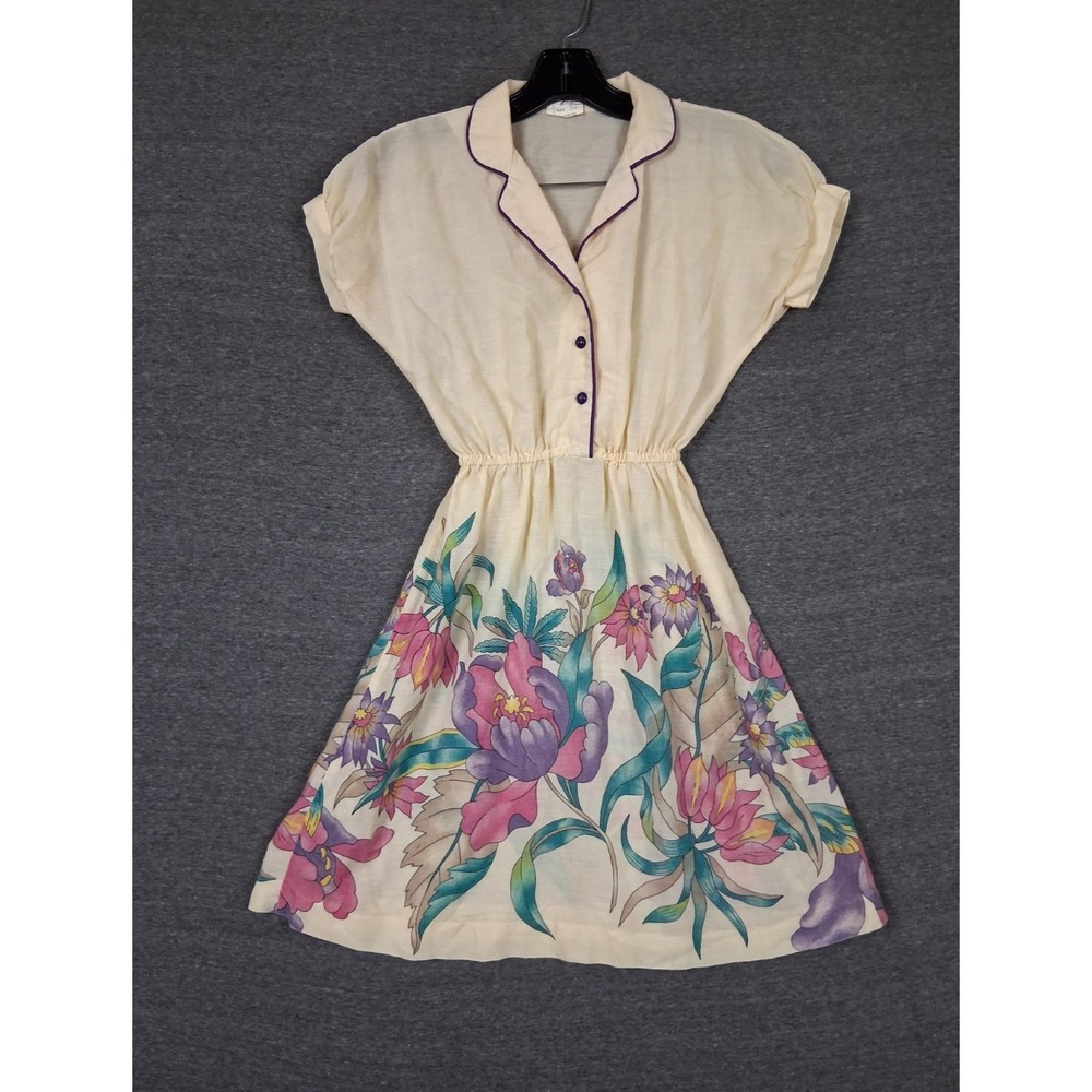 VTG Gingerbread California Dress 14 Cream Floral 80s Cottagecore Whimsical Art